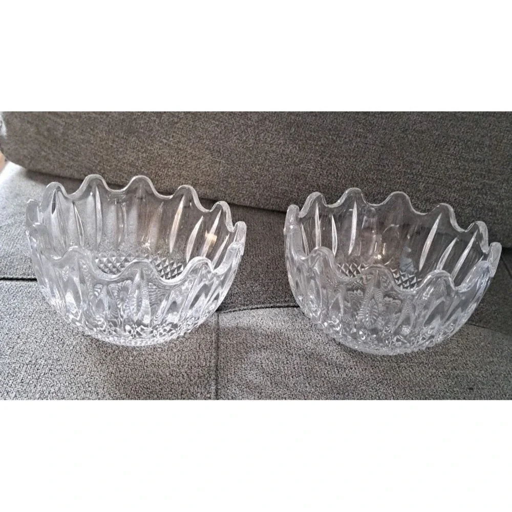 Vintage 25% Lead Crystal Bowl Clear Cut Glass Scalloped Edges Set Of 2 4.5 X 3